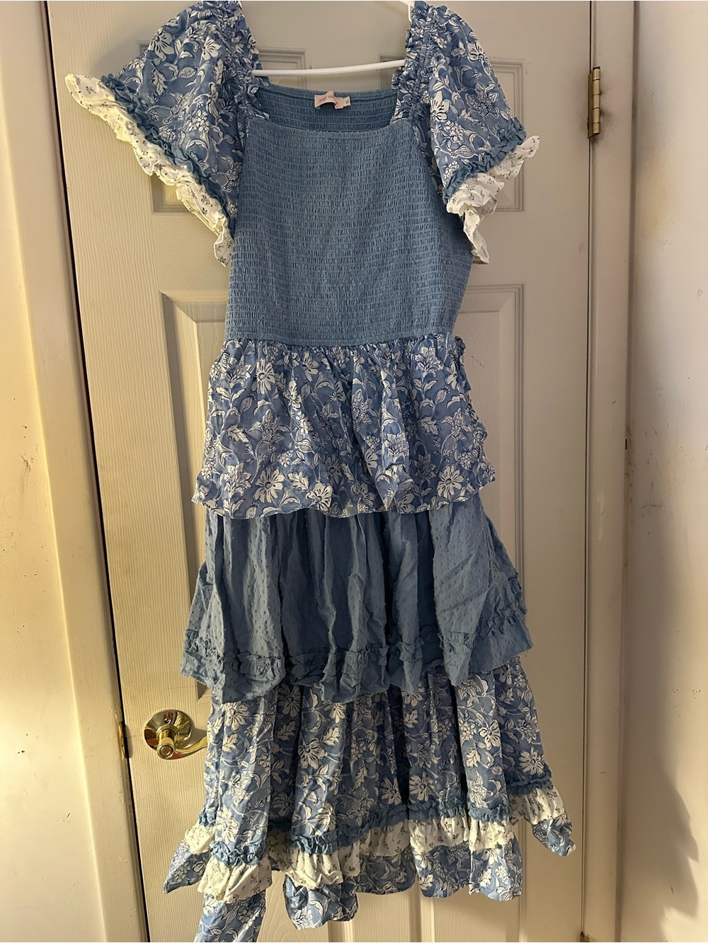 Ivy City Co Blue Floral Tiered Dress with Lace Sleeves - Picture 1 of 4